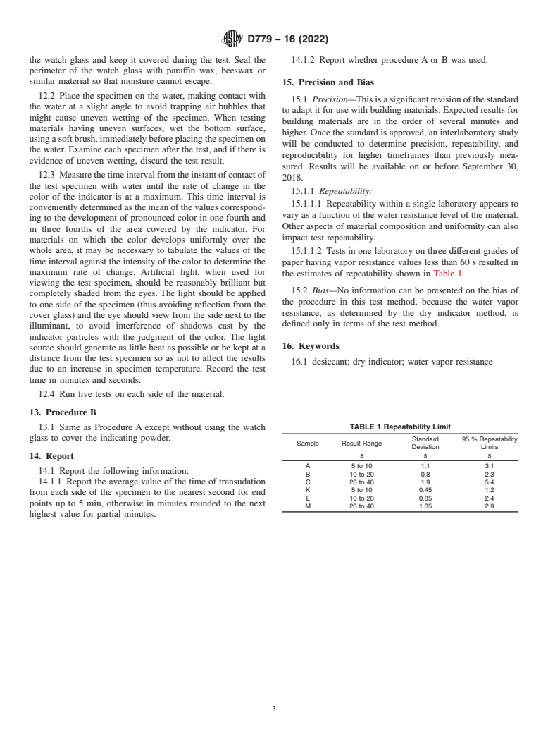 ASTM D779-16(2022) - Standard Test Method for Determining the Water Vapor Resistance of Sheet Materials in  Contact with Liquid Water by the Dry Indicator Method