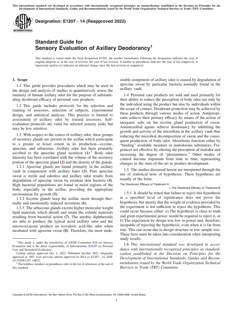 ASTM E1207-14(2022) - Standard Guide for  Sensory Evaluation of Axillary Deodorancy