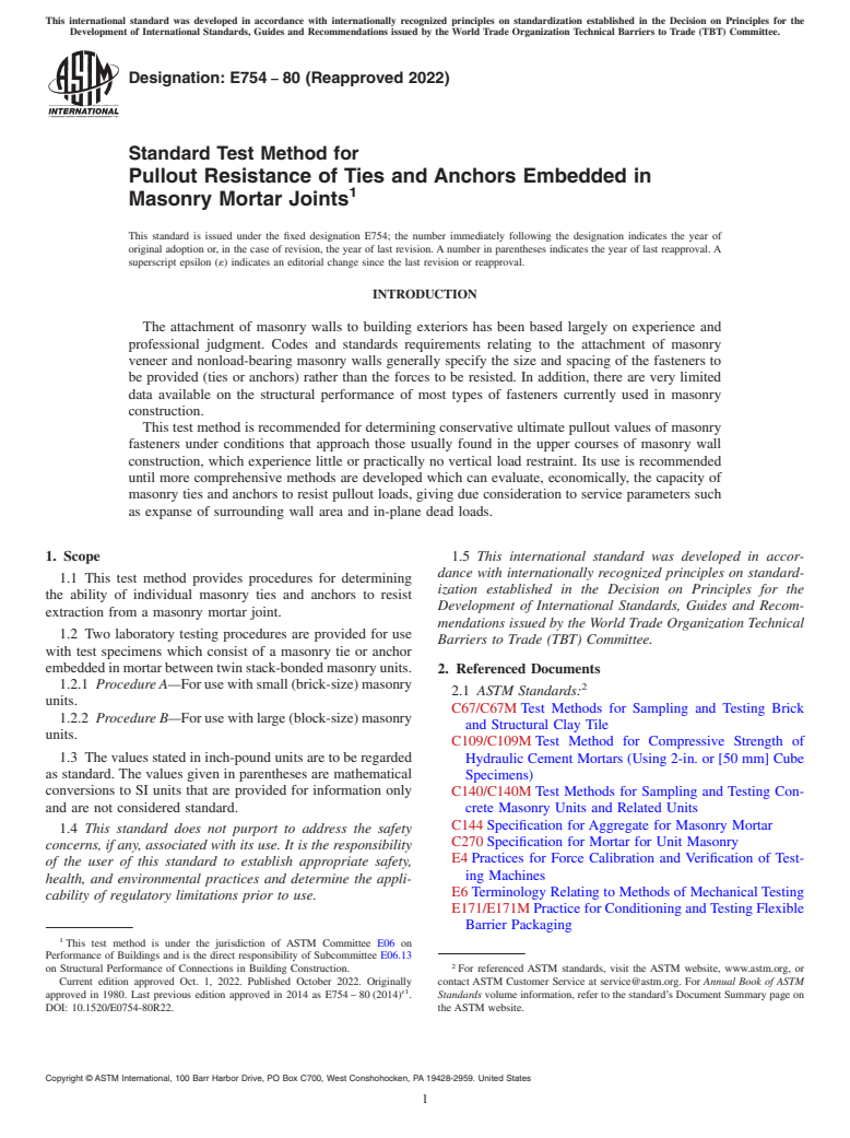 ASTM E754-80(2022) - Standard Test Method for Pullout Resistance of Ties and Anchors Embedded in Masonry  Mortar Joints