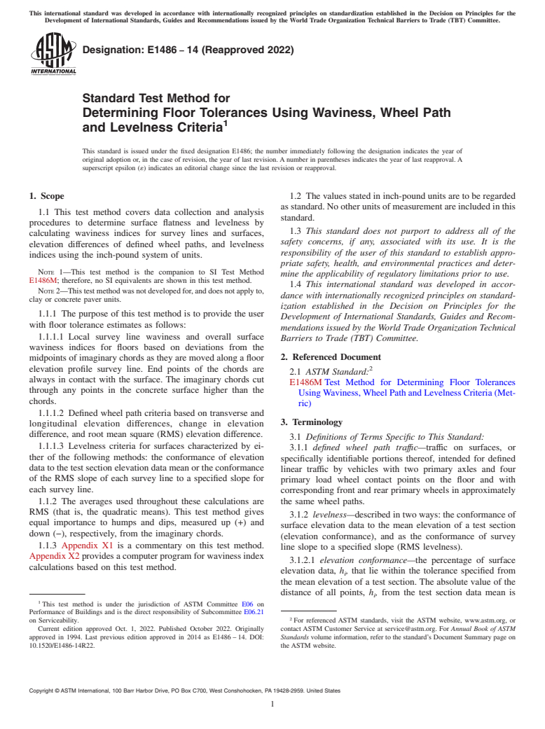 ASTM E1486-14(2022) - Standard Test Method for Determining Floor Tolerances Using Waviness, Wheel Path and  Levelness Criteria