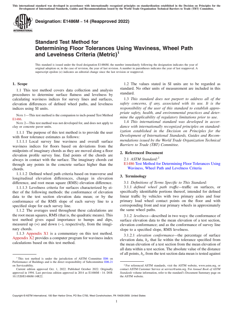 ASTM E1486M-14(2022) - Standard Test Method for Determining Floor Tolerances Using Waviness, Wheel Path and  Levelness Criteria (Metric)