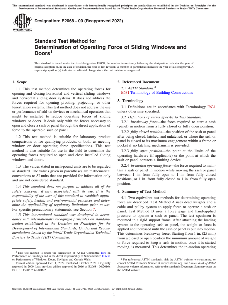 ASTM E2068-00(2022) - Standard Test Method for Determination of Operating Force of Sliding Windows and Doors