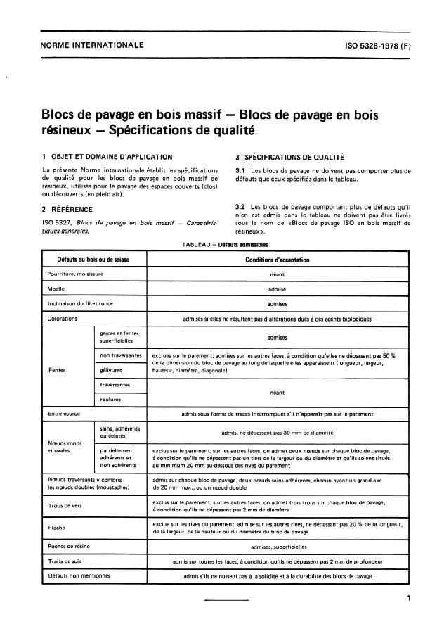 ISO 5328:1978 - Blocs de pavage en bois massif -- Blocs de pavage en bois résineux -- Spécifications de qualité