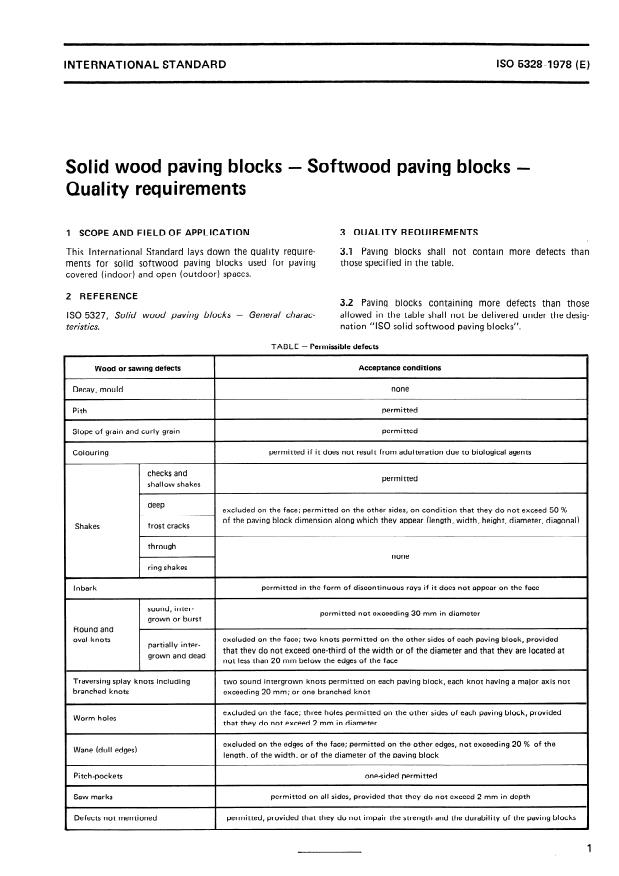ISO 5328:1978 - Solid wood paving blocks -- Softwood paving blocks -- Quality requirements