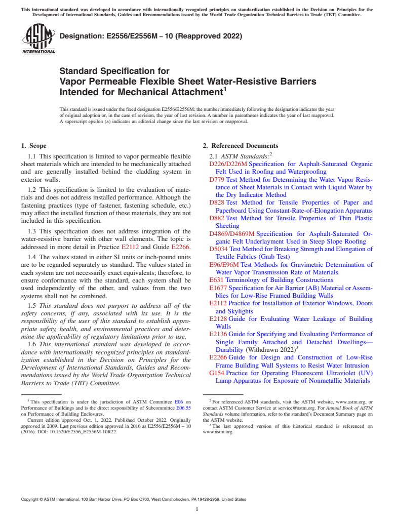 ASTM E2556/E2556M-10(2022) - Standard Specification for Vapor Permeable Flexible Sheet Water-Resistive Barriers Intended  for Mechanical Attachment