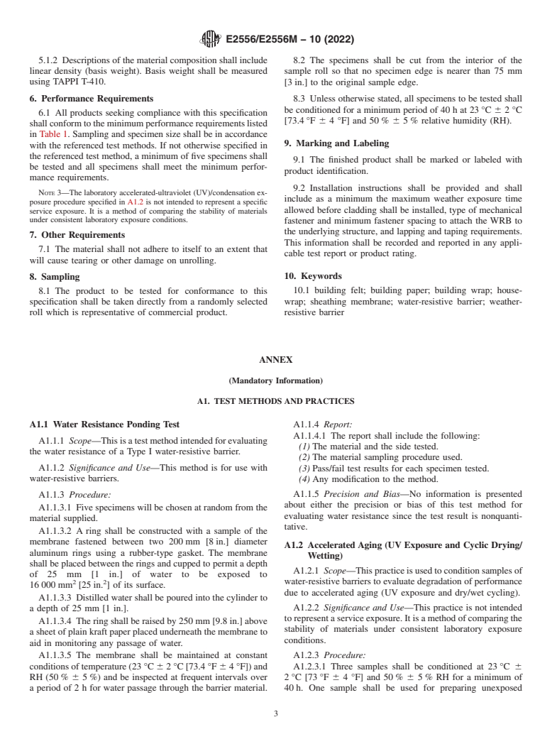 ASTM E2556/E2556M-10(2022) - Standard Specification for Vapor Permeable Flexible Sheet Water-Resistive Barriers Intended  for Mechanical Attachment