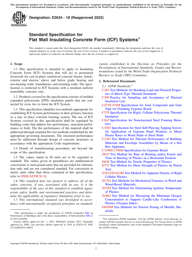 ASTM E2634-18(2022) - Standard Specification for Flat Wall Insulating Concrete Form (ICF) Systems