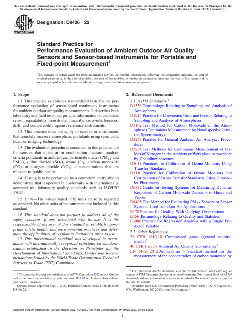 ASTM D8406-22 - Standard Practice for Performance Evaluation of Ambient Outdoor Air Quality Sensors  and Sensor-based Instruments for Portable and Fixed-point Measurement