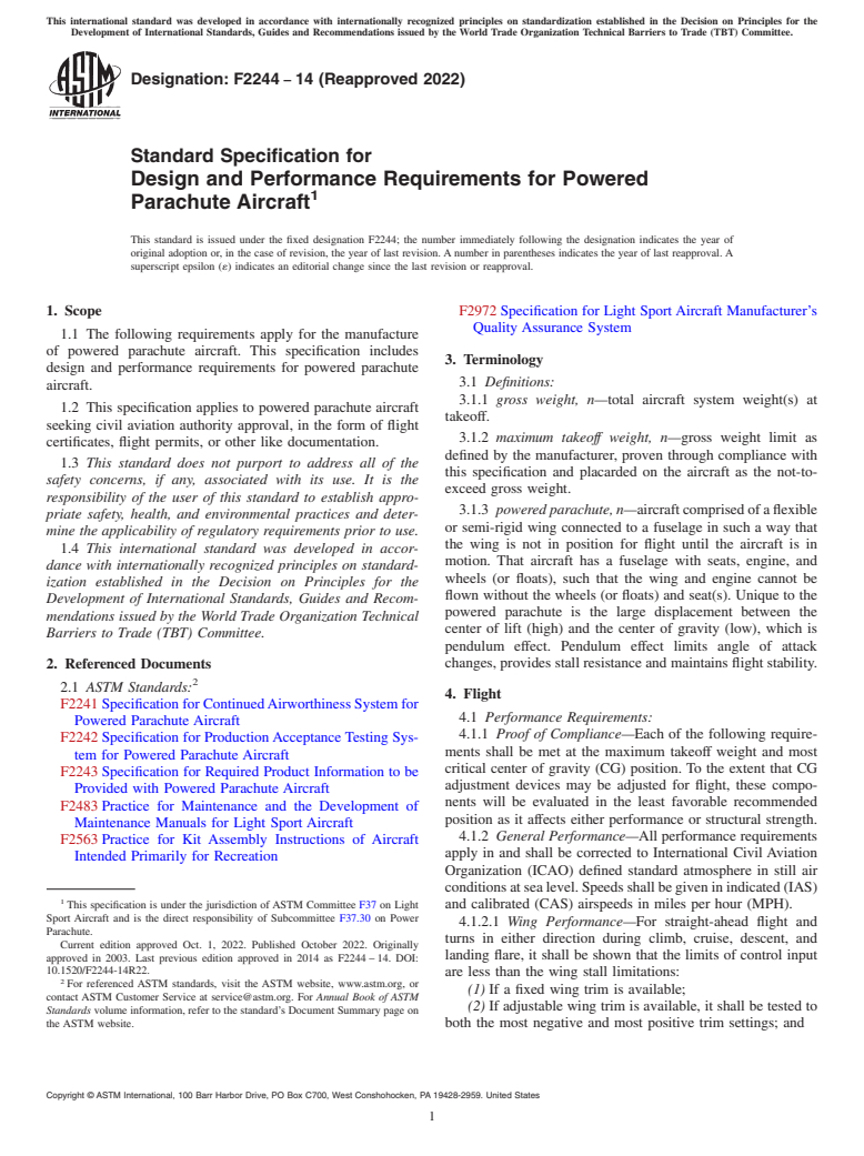 ASTM F2244-14(2022) - Standard Specification for Design and Performance Requirements for Powered Parachute Aircraft