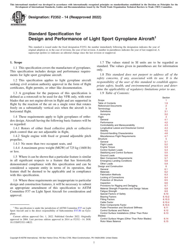 ASTM F2352-14(2022) - Standard Specification for Design and Performance of Light Sport Gyroplane Aircraft