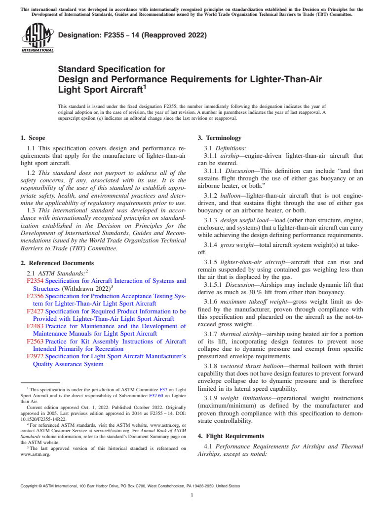 ASTM F2355-14(2022) - Standard Specification for Design and Performance Requirements for Lighter-Than-Air Light  Sport Aircraft