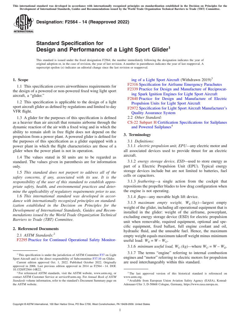 ASTM F2564-14(2022) - Standard Specification for Design and Performance of a Light Sport Glider