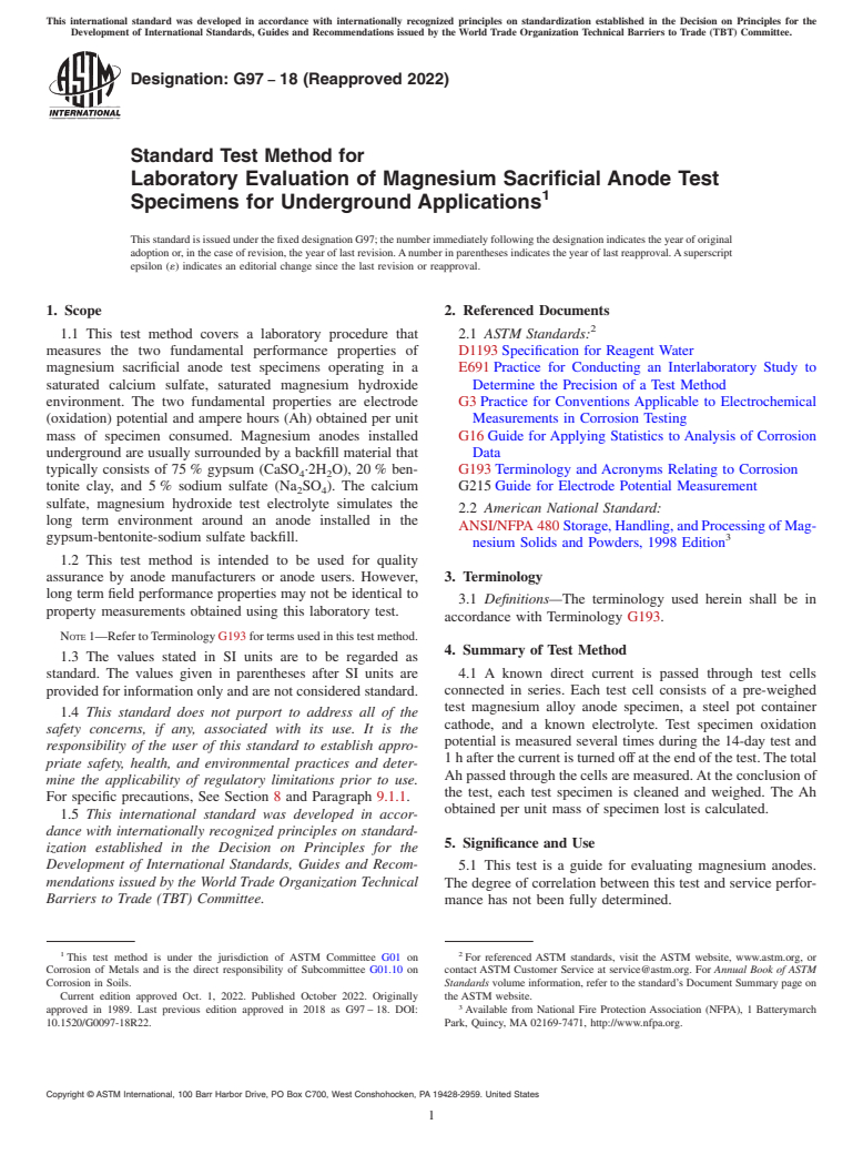 ASTM G97-18(2022) - Standard Test Method for Laboratory Evaluation of Magnesium Sacrificial Anode Test Specimens  for Underground Applications