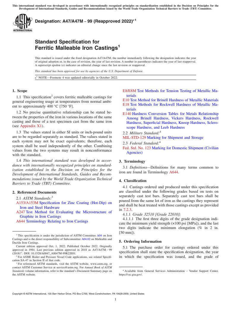 ASTM A47/A47M-99(2022)e1 - Standard Specification for  Ferritic Malleable Iron Castings