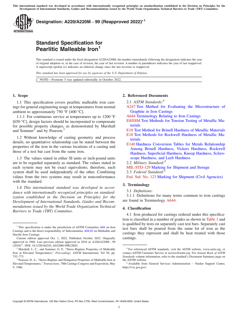 ASTM A220/A220M-99(2022)e1 - Standard Specification for  Pearlitic Malleable Iron