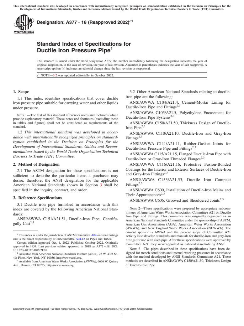 ASTM A377-18(2022)e1 - Standard Index of Specifications for  Ductile Iron Pressure Pipe