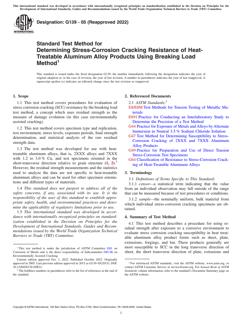 ASTM G139-05(2022) - Standard Test Method for Determining Stress-Corrosion Cracking Resistance of Heat-Treatable  Aluminum Alloy Products Using Breaking Load Method