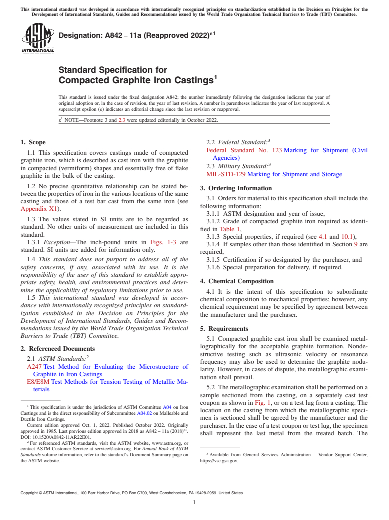 ASTM A842-11A(2022)e1 - Standard Specification for  Compacted Graphite Iron Castings