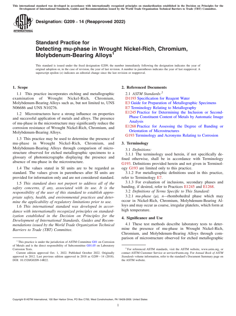 ASTM G209-14(2022) - Standard Practice for Detecting mu-phase in Wrought Nickel-Rich, Chromium, Molybdenum-Bearing  Alloys