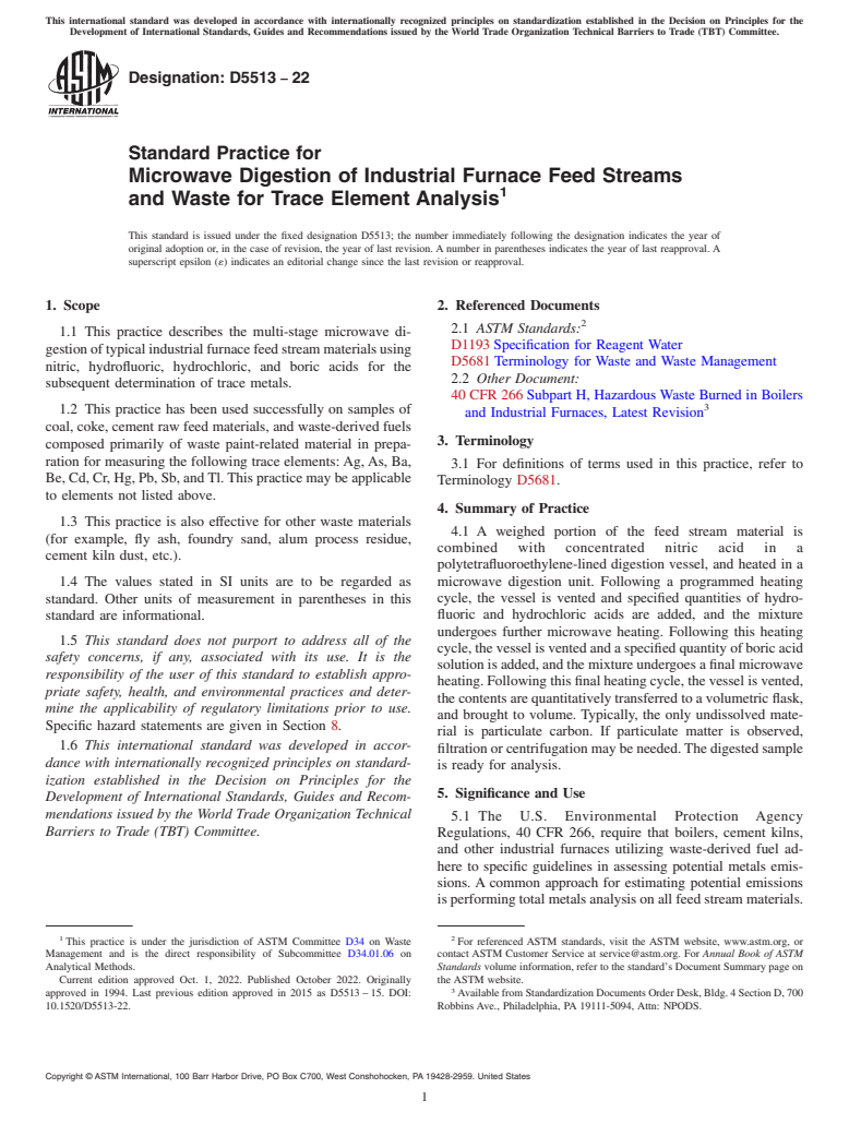 ASTM D5513-22 - Standard Practice for  Microwave Digestion of Industrial Furnace Feed Streams and  Waste for Trace Element Analysis