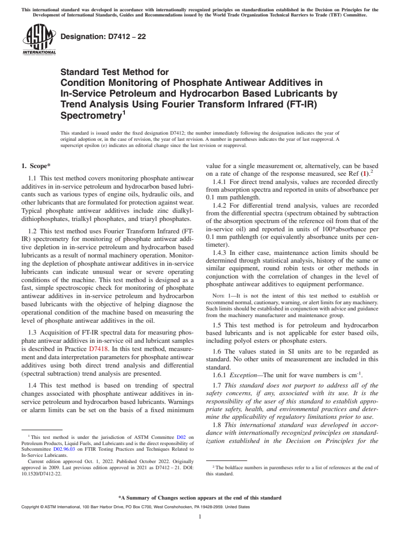 ASTM D7412-22 - Standard Test Method for Condition Monitoring of Phosphate Antiwear Additives in In-Service  Petroleum and Hydrocarbon Based Lubricants by Trend Analysis Using  Fourier Transform Infrared (FT-IR) Spectrometry