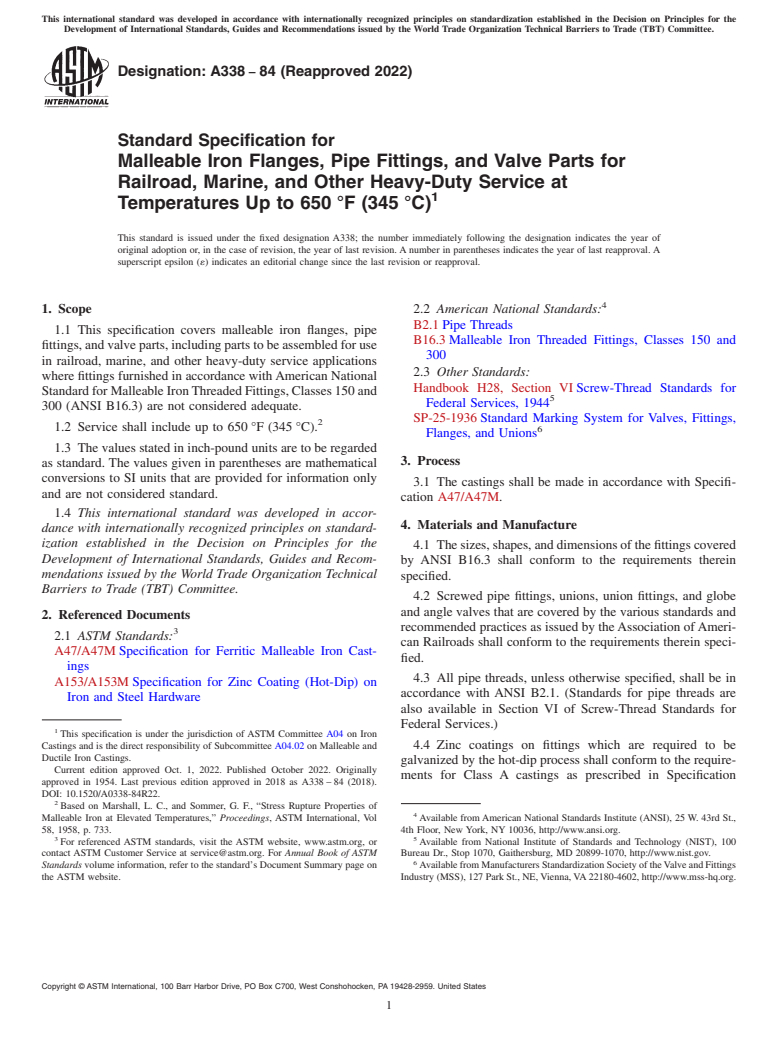 ASTM A338-84(2022) - Standard Specification for  Malleable Iron Flanges, Pipe Fittings, and Valve Parts for  Railroad, Marine, and Other Heavy-Duty Service at Temperatures Up  to 650 °F (345 °C)