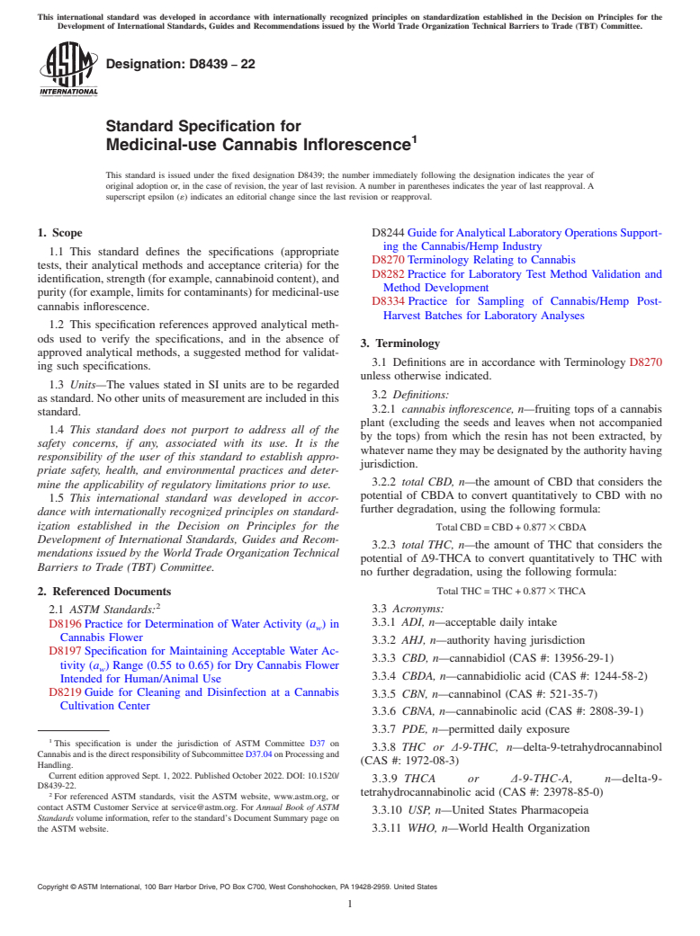 ASTM D8439-22 - Standard Specification for Medicinal-use Cannabis Inflorescence