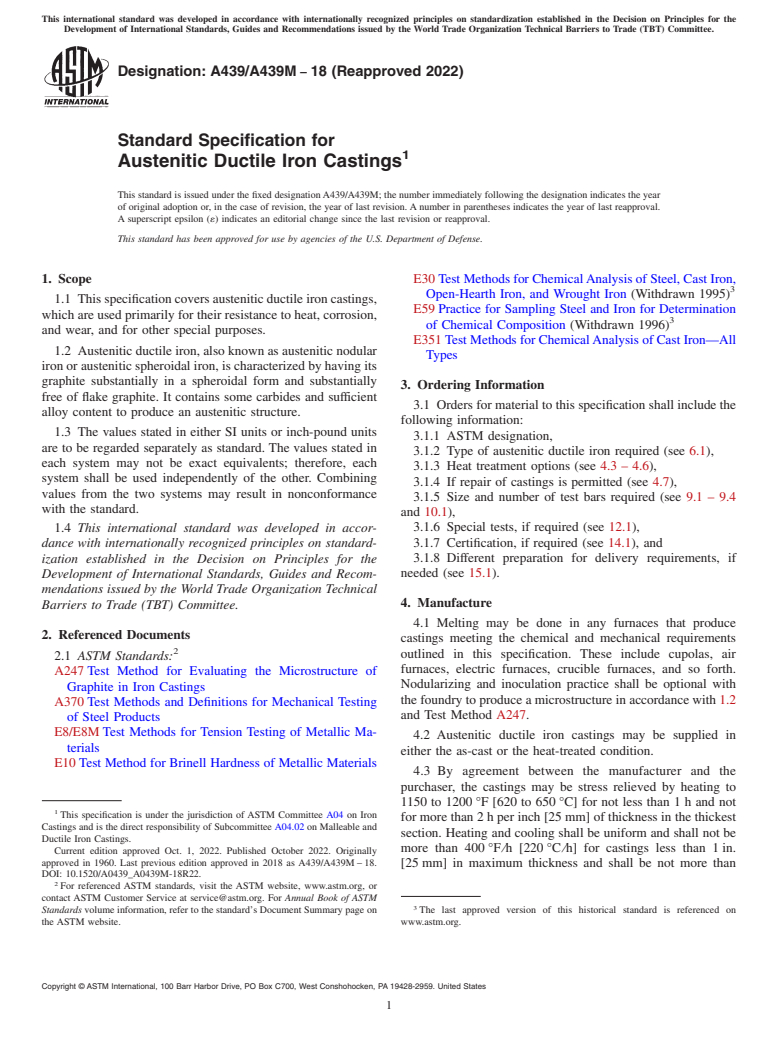 ASTM A439/A439M-18(2022) - Standard Specification for  Austenitic Ductile Iron Castings