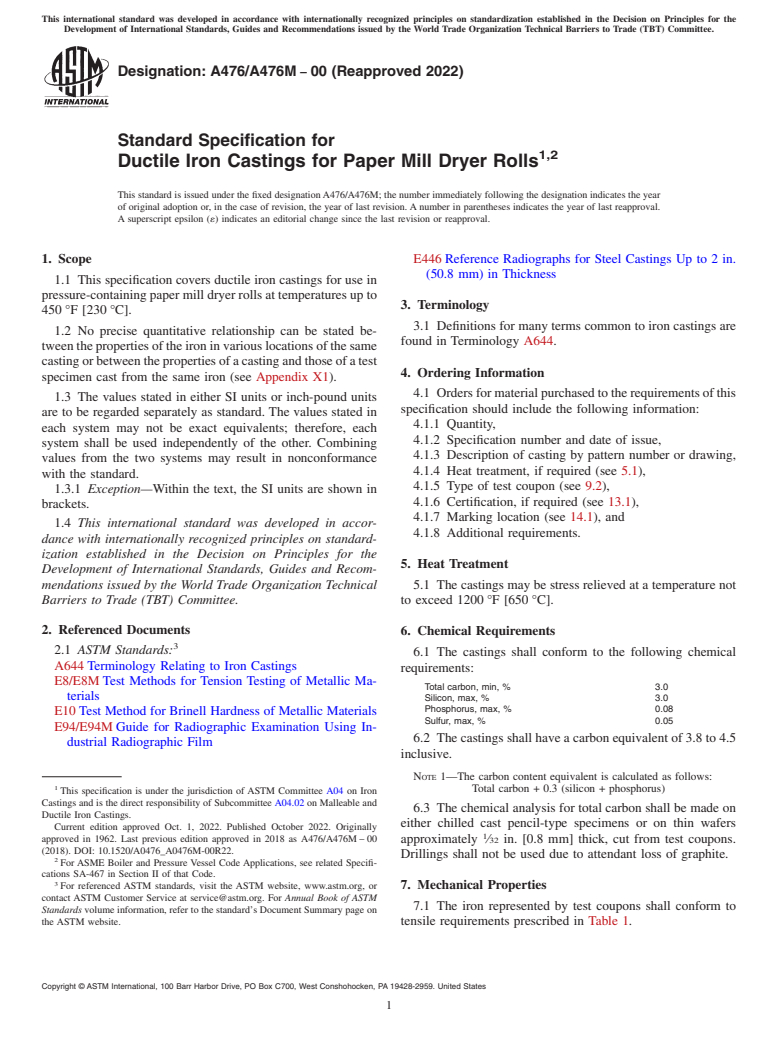 ASTM A476/A476M-00(2022) - Standard Specification for  Ductile Iron Castings for Paper Mill Dryer Rolls