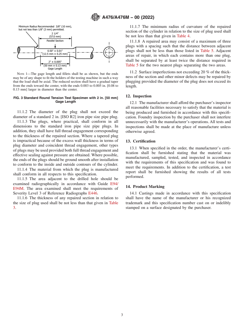 ASTM A476/A476M-00(2022) - Standard Specification for  Ductile Iron Castings for Paper Mill Dryer Rolls