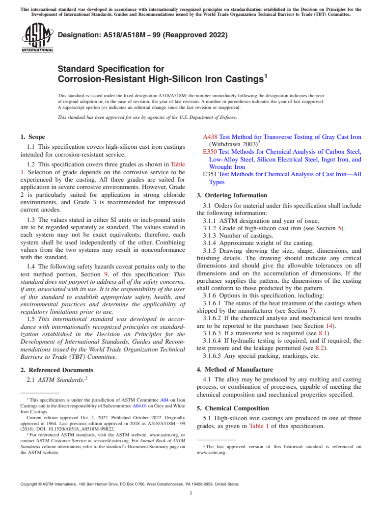 ASTM A518/A518M-99(2022) - Standard Specification for  Corrosion-Resistant High-Silicon Iron Castings