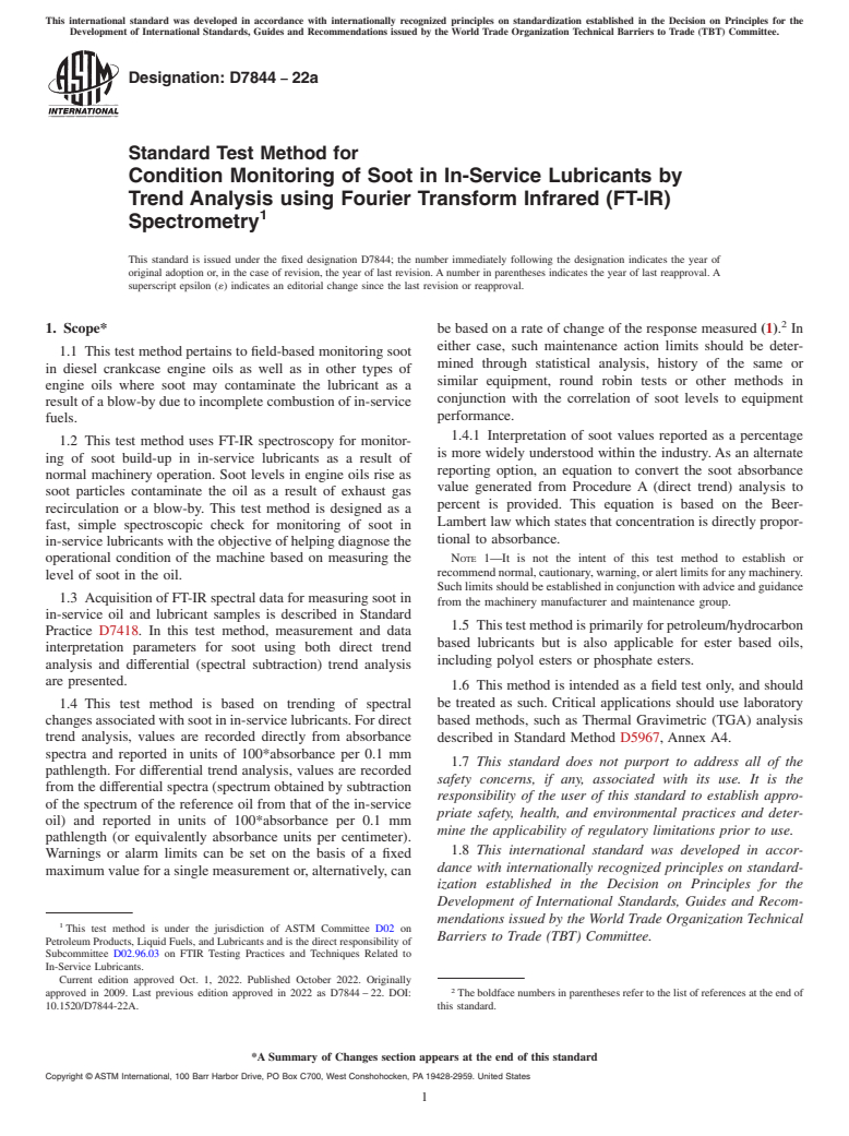 ASTM D7844-22a - Standard Test Method for Condition Monitoring of Soot in In-Service Lubricants by Trend  Analysis using Fourier Transform Infrared (FT-IR) Spectrometry