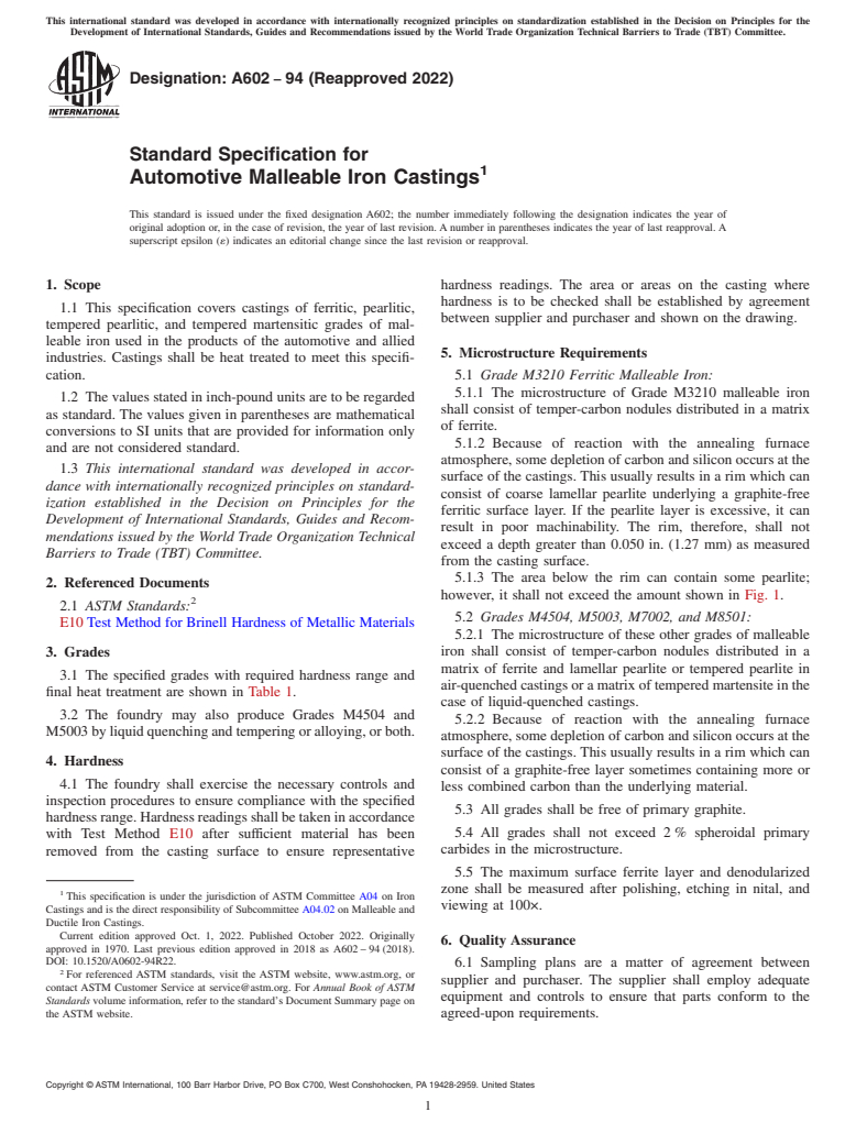 ASTM A602-94(2022) - Standard Specification for  Automotive Malleable Iron Castings