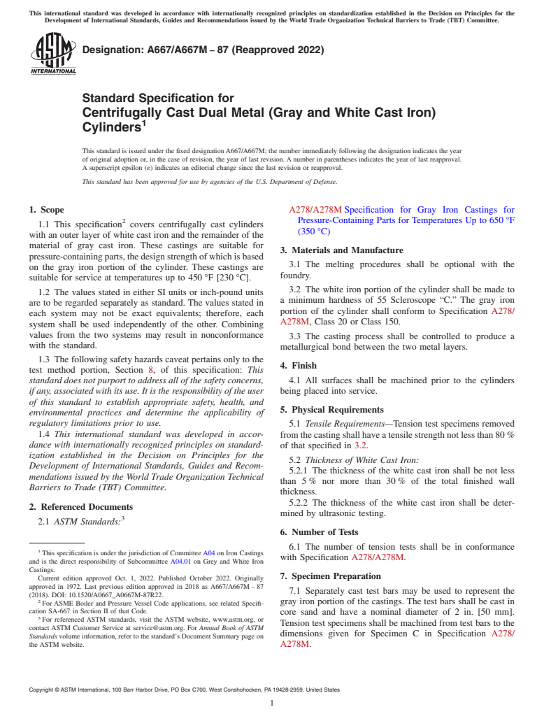 ASTM A667/A667M-87(2022) - Standard Specification for  Centrifugally Cast Dual Metal (Gray and White Cast Iron) Cylinders