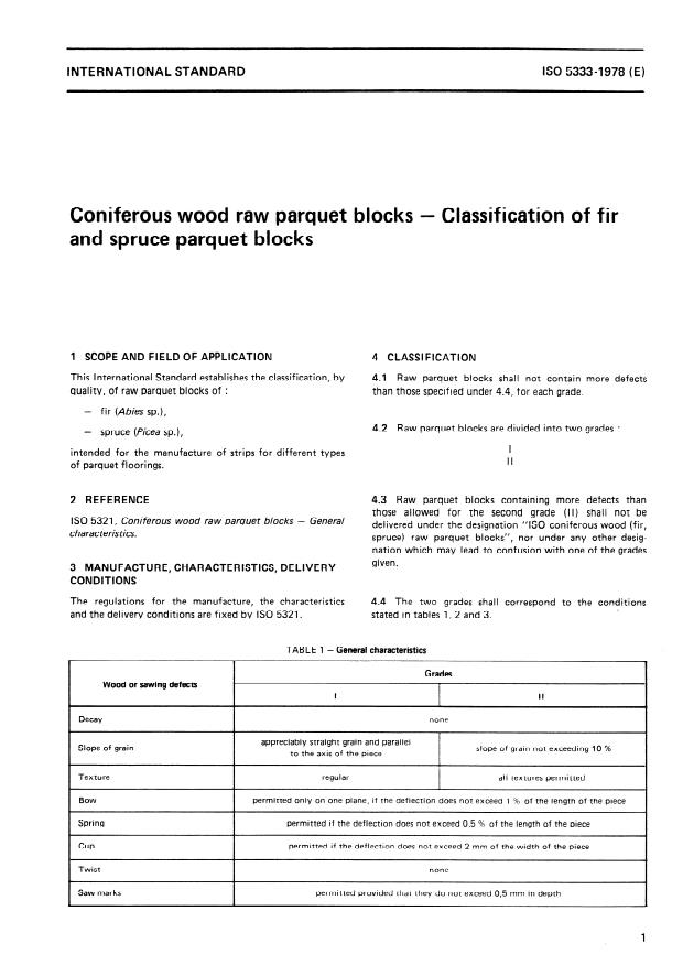 ISO 5333:1978 - Coniferous wood raw parquet blocks -- Classification of fir and spruce parquet blocks