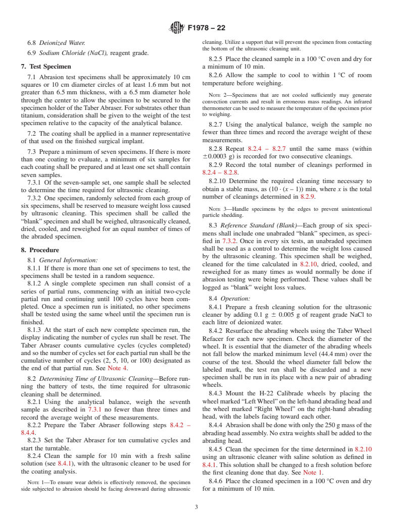 ASTM F1978-22 - Standard Test Method for  Measuring Abrasion Resistance of Metallic Thermal Spray Coatings  by Using the Taber Abraser