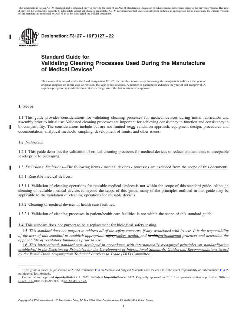 REDLINE ASTM F3127-22 - Standard Guide for Validating Cleaning Processes Used During the Manufacture of  Medical Devices