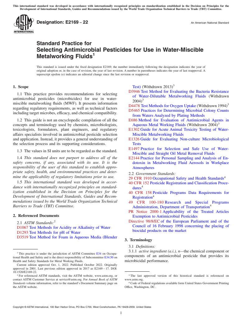 ASTM E2169-22 - Standard Practice for  Selecting Antimicrobial Pesticides for Use in Water-Miscible  Metalworking Fluids