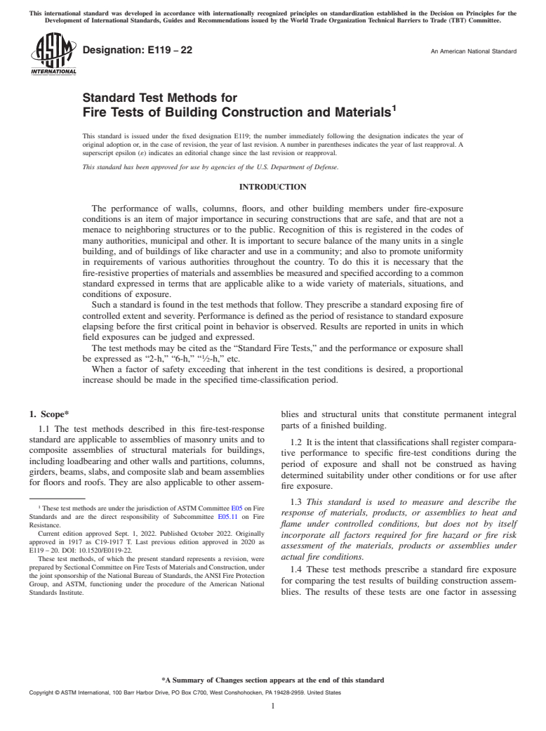 ASTM E119-22 - Standard Test Methods for  Fire Tests of Building Construction and Materials