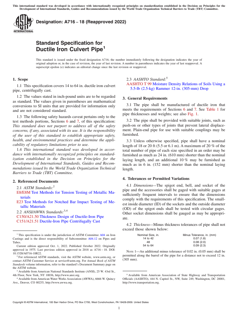 ASTM A716-18(2022) - Standard Specification for  Ductile Iron Culvert Pipe