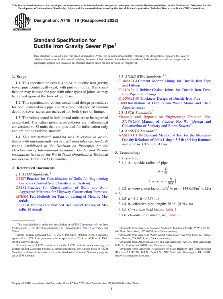 ASTM A746-18(2022) - Standard Specification for  Ductile Iron Gravity Sewer Pipe