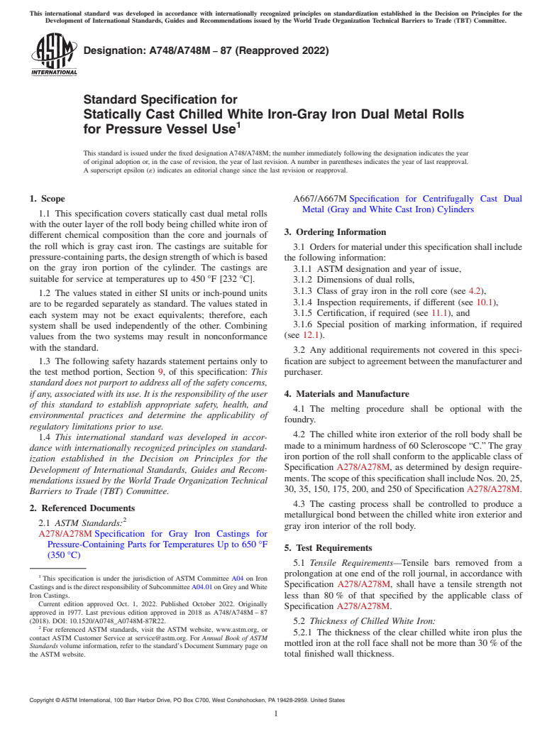 ASTM A748/A748M-87(2022) - Standard Specification for  Statically Cast Chilled White Iron-Gray Iron Dual Metal Rolls  for Pressure Vessel Use