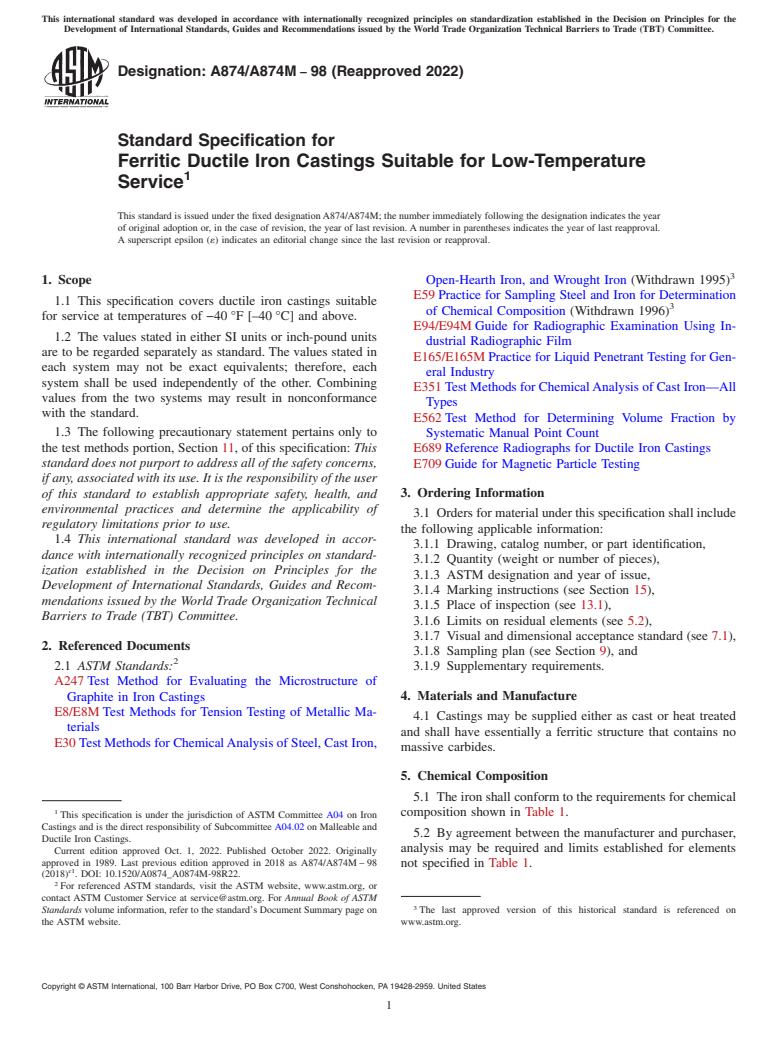 ASTM A874/A874M-98(2022) - Standard Specification for  Ferritic Ductile Iron Castings Suitable for Low-Temperature  Service