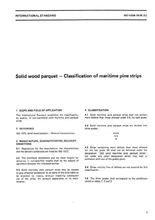 ISO 5334:1978 - Solid wood parquet -- Classification of maritime pine strips