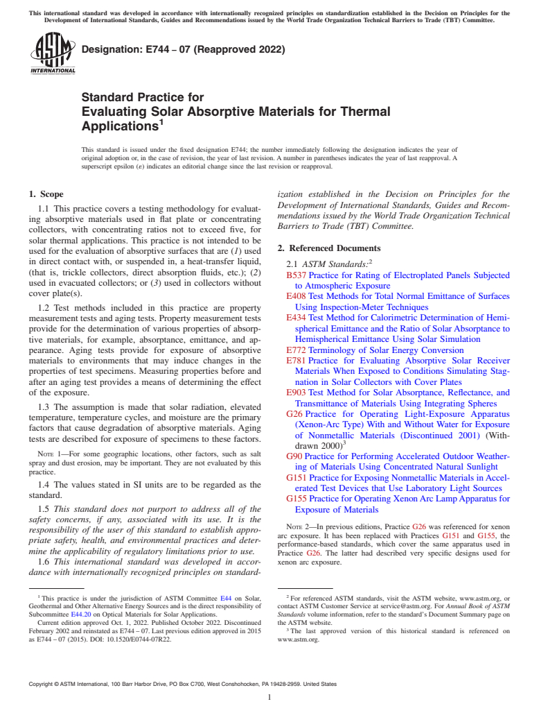 ASTM E744-07(2022) - Standard Practice for  Evaluating Solar Absorptive Materials for Thermal Applications