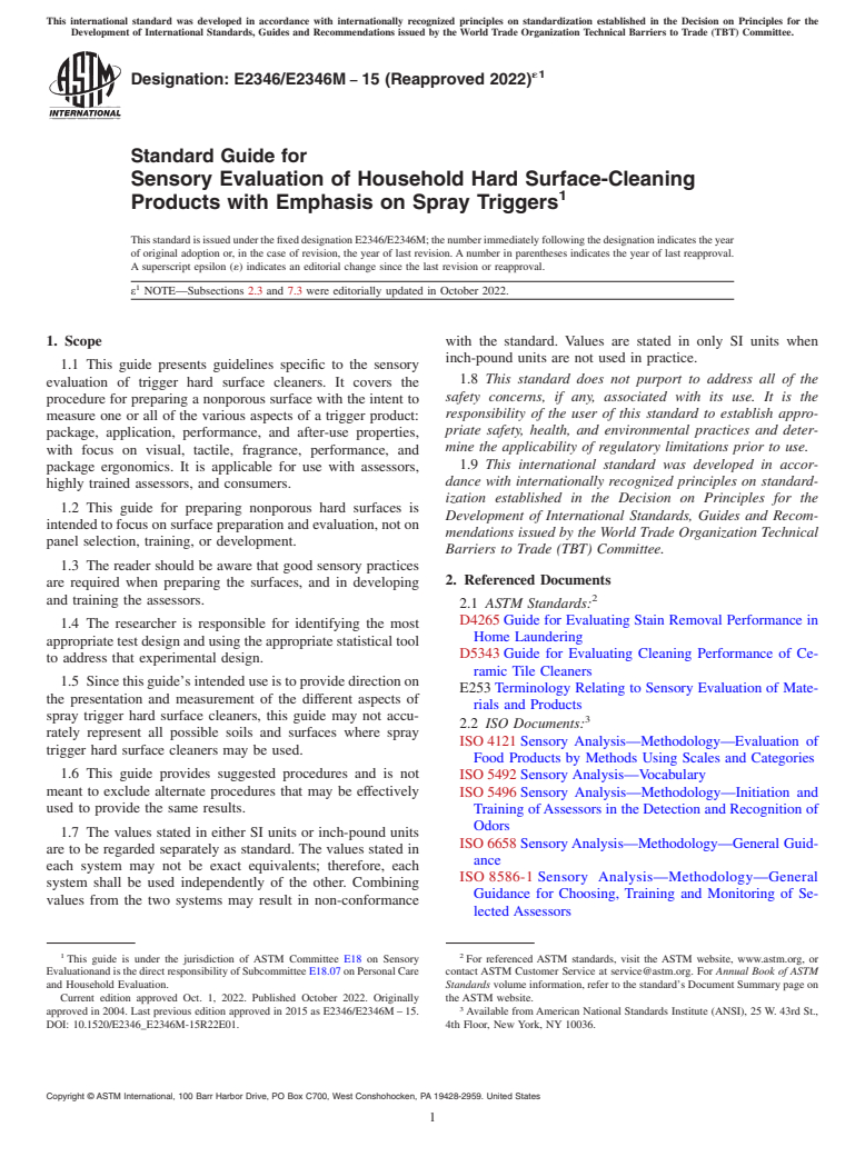 ASTM E2346/E2346M-15(2022)e1 - Standard Guide for  Sensory Evaluation of Household Hard Surface-Cleaning Products  with Emphasis on Spray Triggers