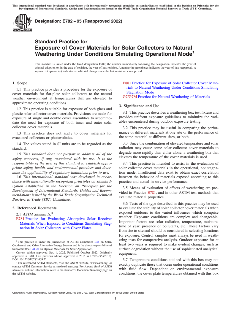 ASTM E782-95(2022) - Standard Practice for  Exposure of Cover Materials for Solar Collectors to Natural  Weathering Under Conditions Simulating Operational Mode