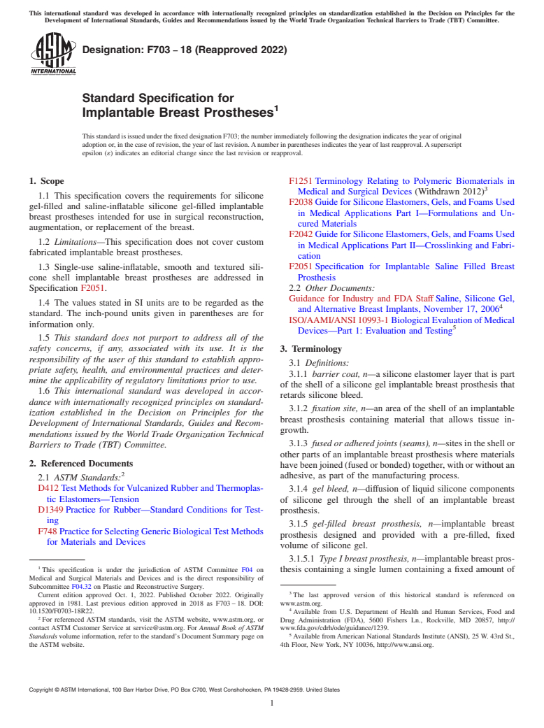 ASTM F703-18(2022) - Standard Specification for  Implantable Breast Prostheses