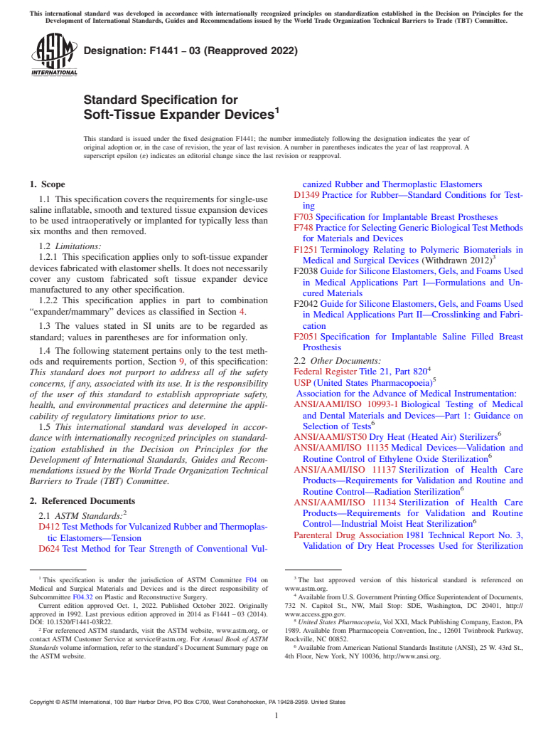 ASTM F1441-03(2022) - Standard Specification for  Soft-Tissue Expander Devices