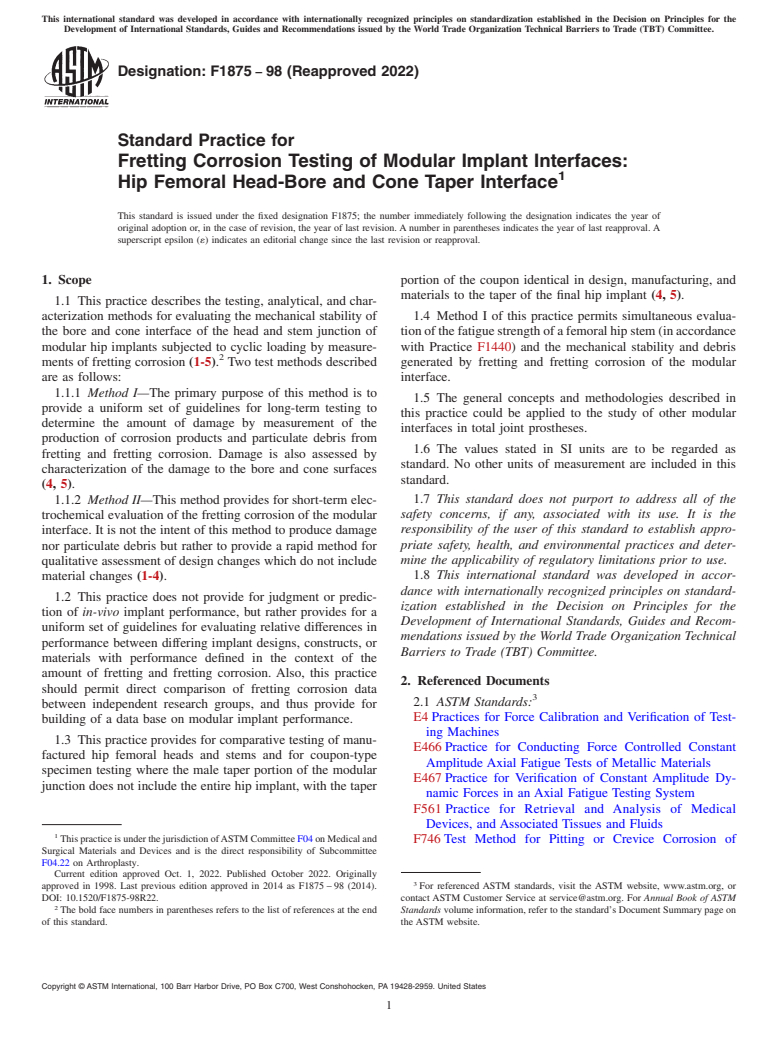 ASTM F1875-98(2022) - Standard Practice for  Fretting Corrosion Testing of Modular Implant Interfaces: Hip  Femoral Head-Bore and Cone Taper Interface